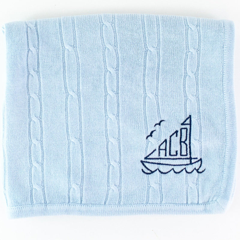 Cashmere-like Cable Knit Baby Blanket - Monogrammed - Blue