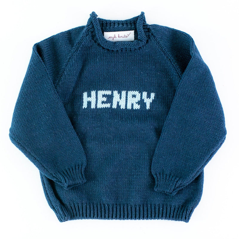 Hand Knit Rollneck Name Sweater - Personalized - Navy