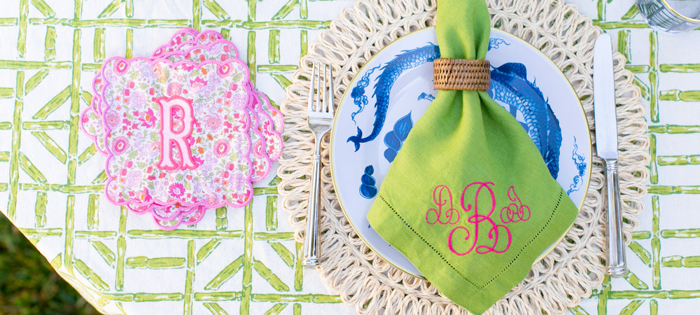 Dining & Entertaining - Personalized items for your tabletop, entertaining. Indoor, outdoor, formal, informal parties and celebrations. Personalized dinner napkins, cocktail napkins, hand painted plates and unique placemats. 