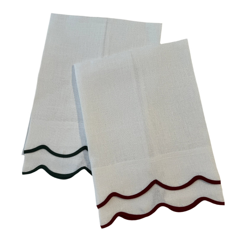 Double Wave Linen Guest Towel - Forest Green & Burgundy
