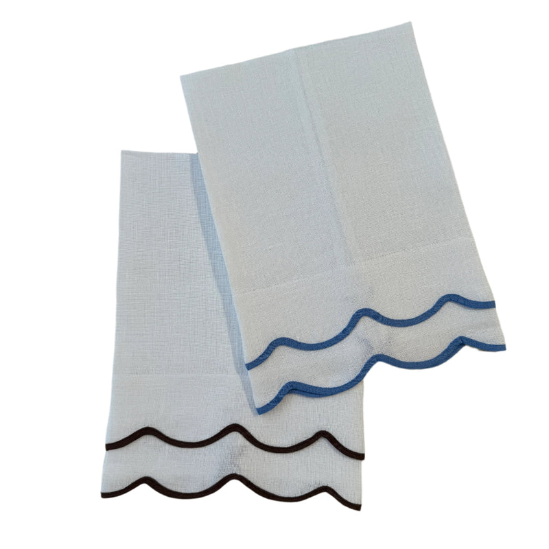 Double Wave Linen Guest Towel - Cornflower Blue & Chocolate Brown