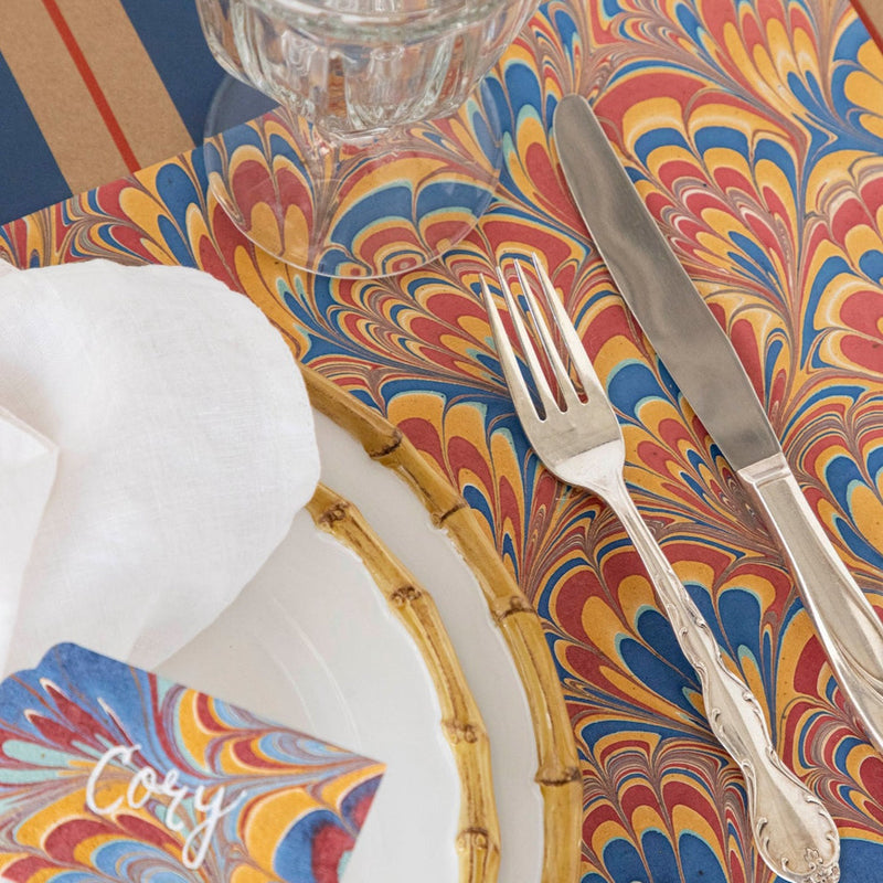 Hester & Cook Red & Blue Peacock Marbled Paper Placemats