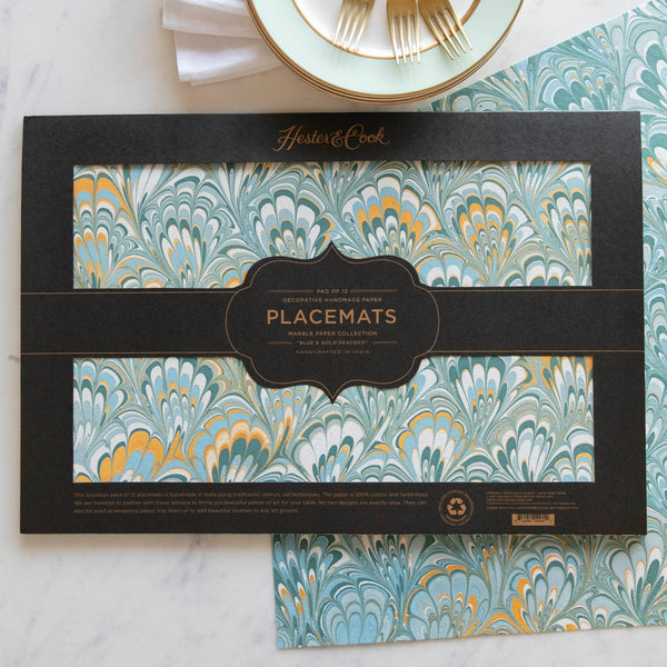 Hester & Cook Blue & Gold Peacock Marbled Paper Placemats