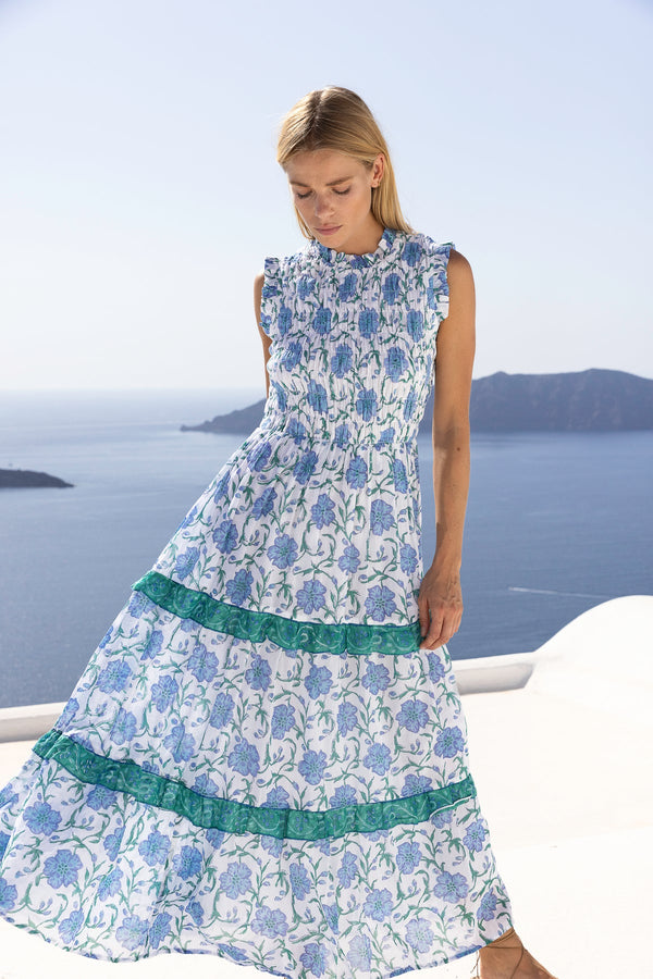 Oliphant Poppy Blue Sleeveless Smocked Maxi Dress