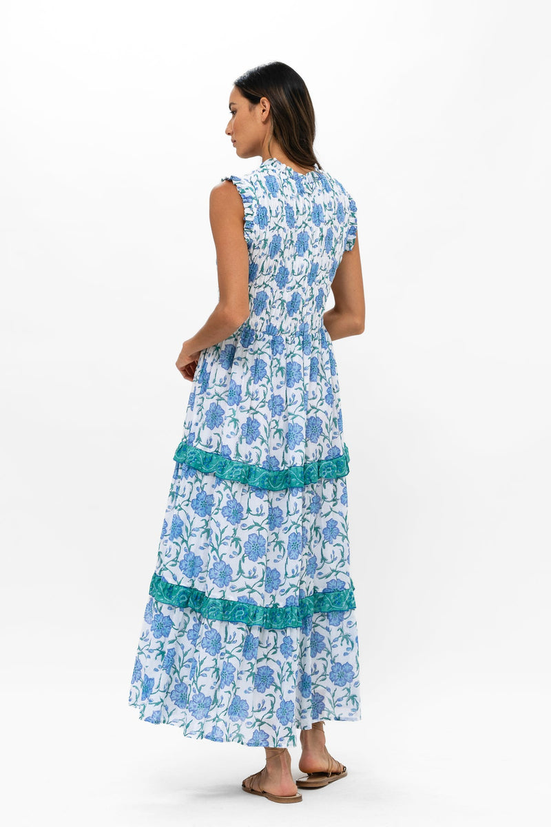 Oliphant Poppy Blue Sleeveless Smocked Maxi Dress