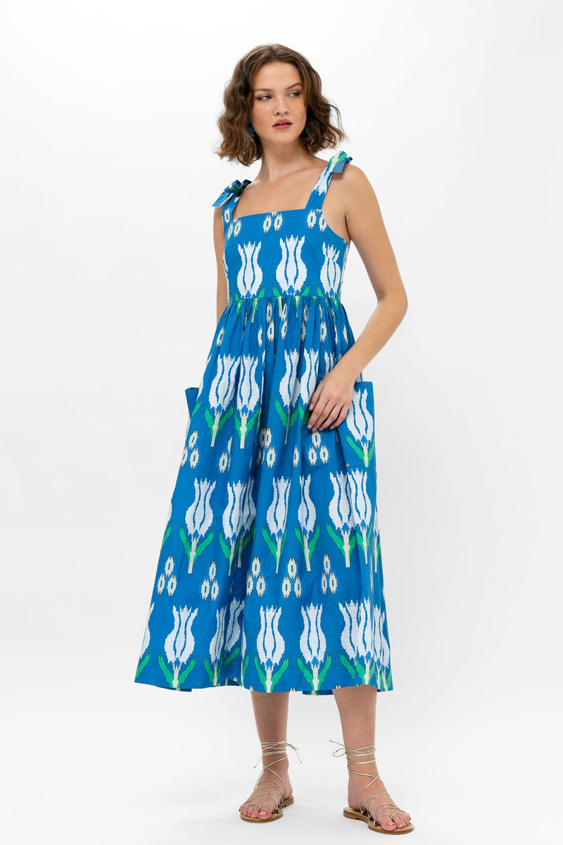 Oliphant Sumba Blue Tie Strap Pocket Midi Dress
