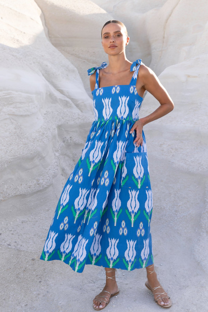 Oliphant Sumba Blue Tie Strap Pocket Midi Dress