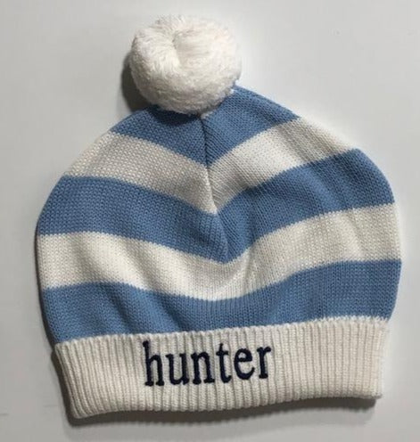 Striped Pom Pom Baby Hat - Blue