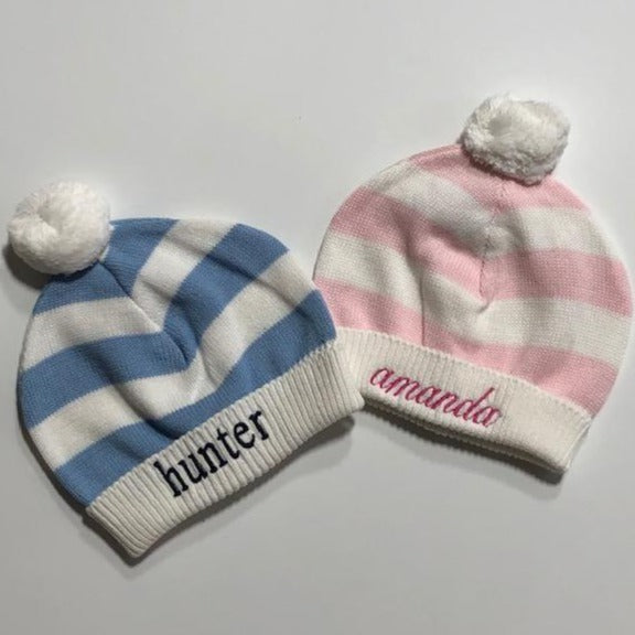 Striped Pom Pom Baby Hat - Blue & Pink