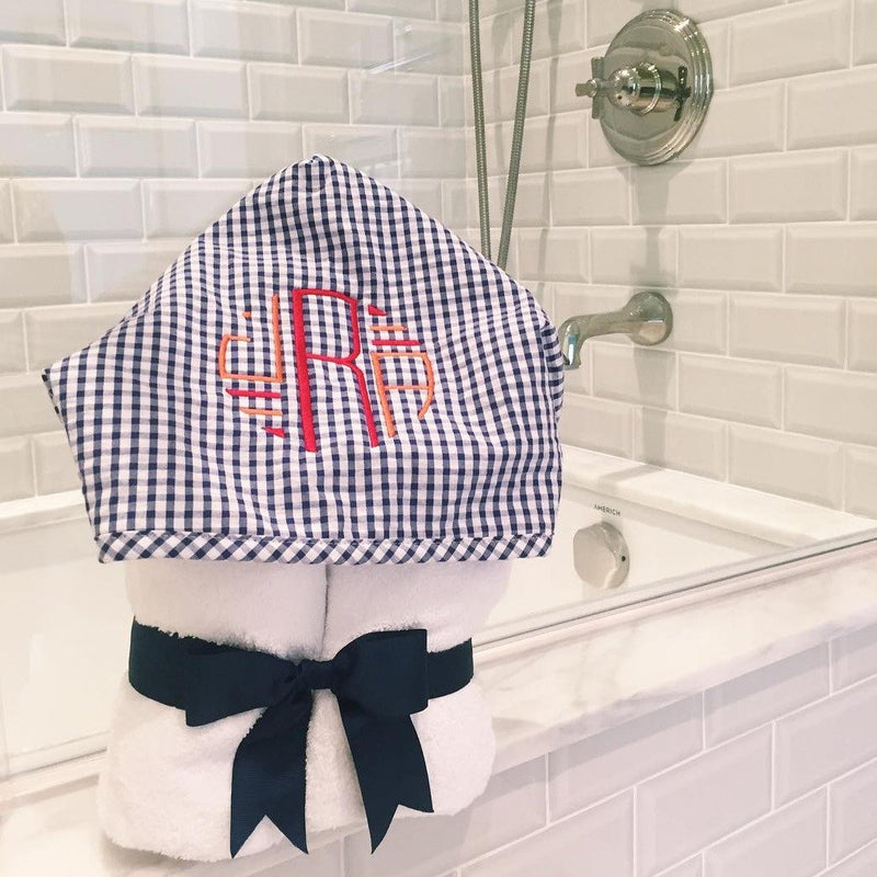 Large Hooded Towel - Monogrammed - Navy Gingham