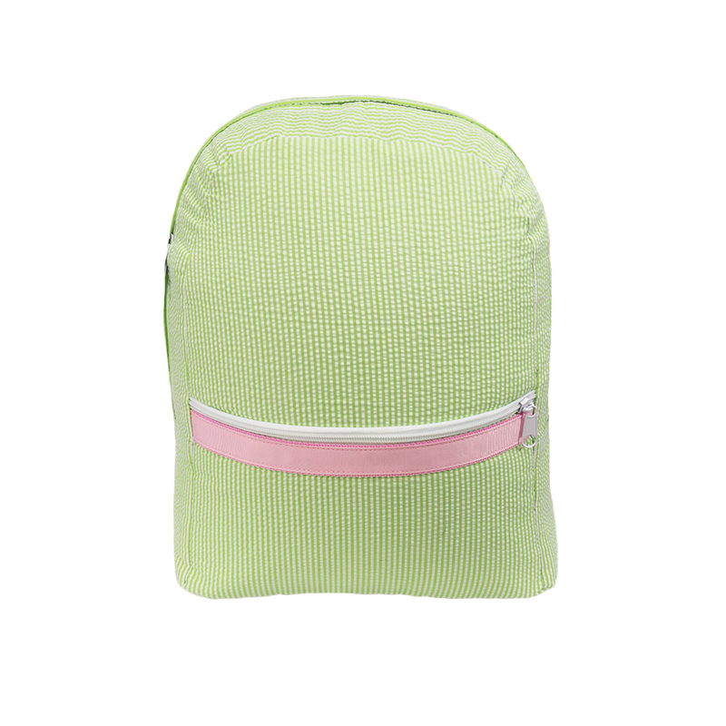 Children's Small Backpack - Green Seersucker with Pink Trim Sweet Pea