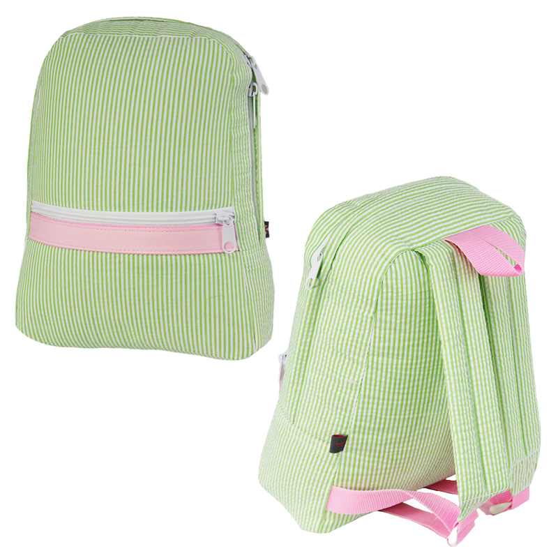 Children's Large Backpack - Sweet Pea Green Seersucker with Pink Trim