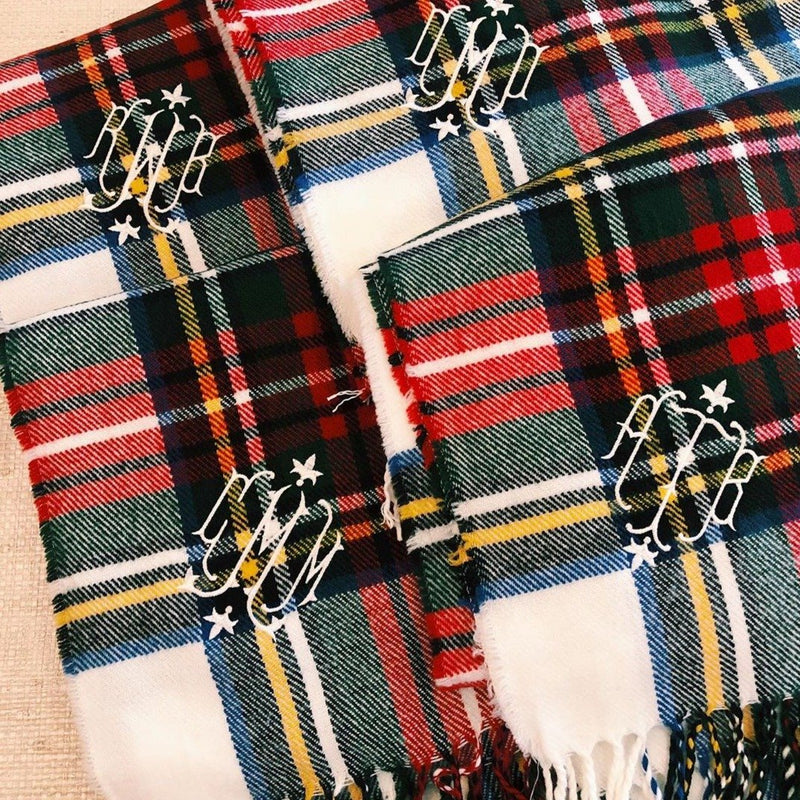 Tartan Fringe Throw - Monogram - White