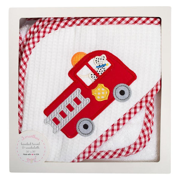 Applique Hooded Towel and Washcloth Set - Firetruck