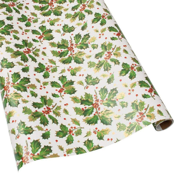 Caspari White Gilded Holly Wrapping Paper