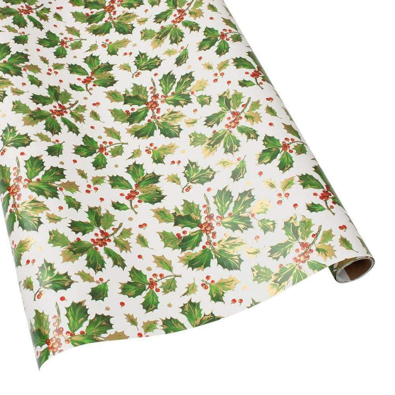 Caspari White Gilded Holly Wrapping Paper