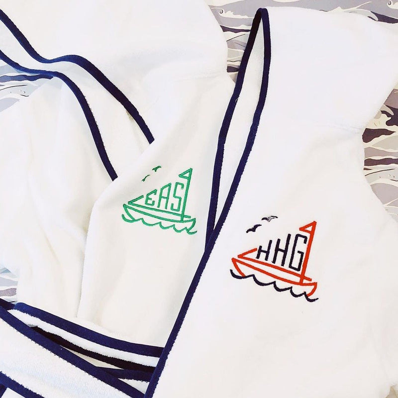 Children's Hooded Terry Cloth Monogrammed Bathrobe - Sailboat Shaped Monograms