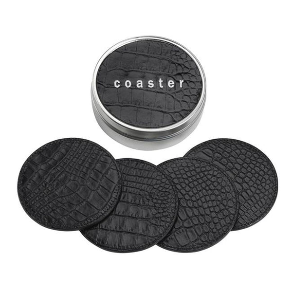Italian embossed crocodile leather coasters - black - personalized