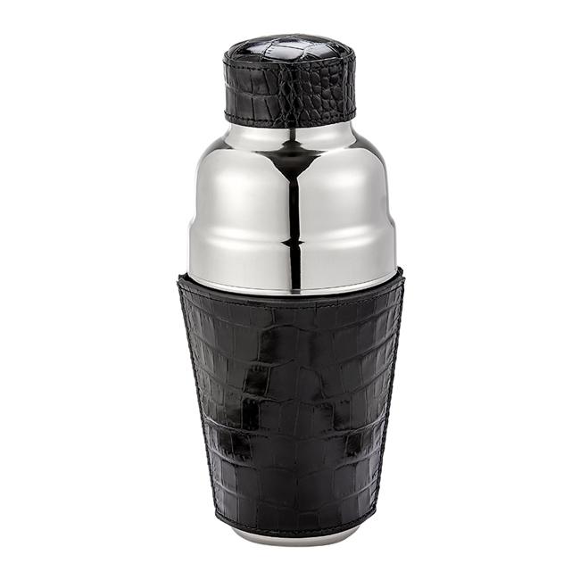 Graphic Image Crocodile-Embossed Leather Stainless Steel Cocktail Shaker - Black