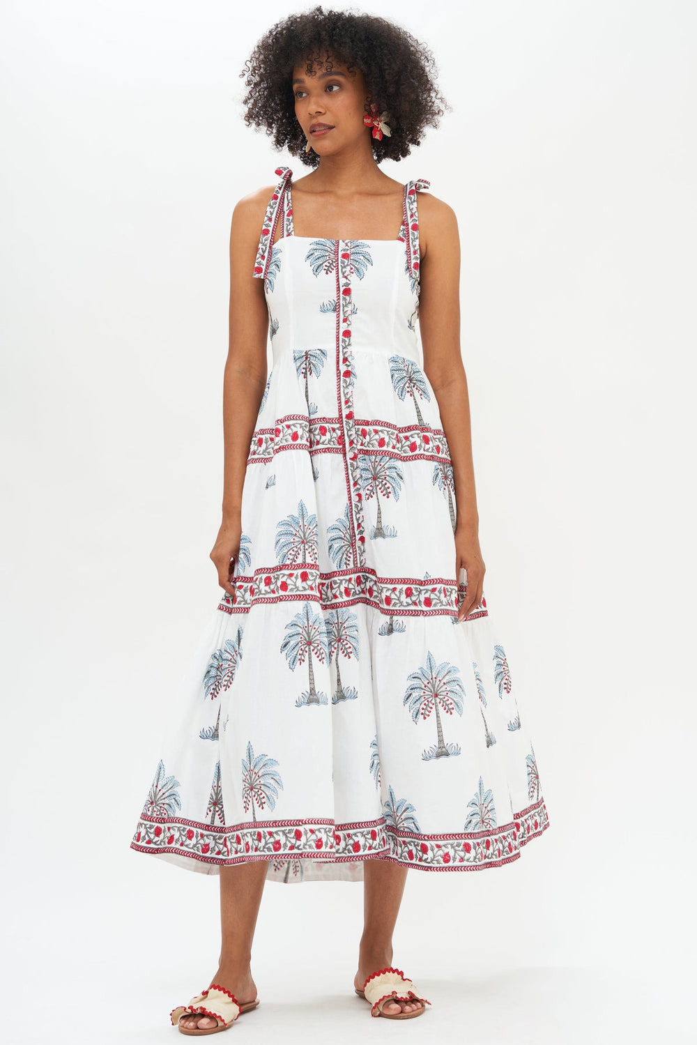 Red button midi dress top