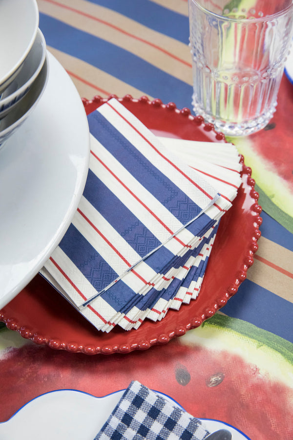 Hester & Cook Navy & Red Stripe Paper Cocktail Napkins