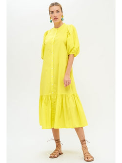 Oliphant Goldfinch Yellow Button Puff Sleeve Midi Dress