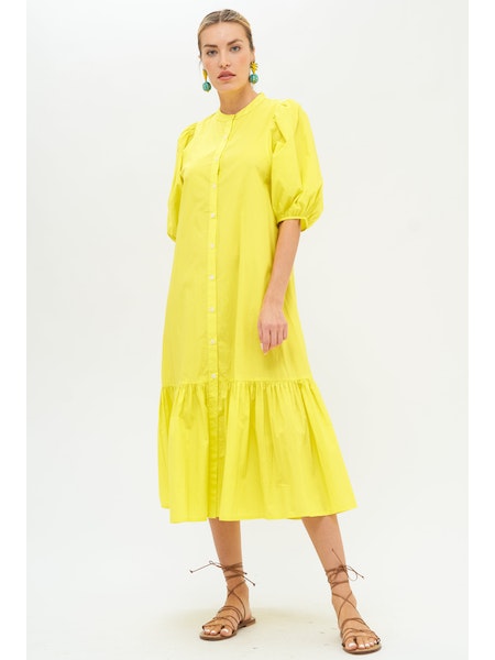 Oliphant Goldfinch Yellow Button Puff Sleeve Midi Dress