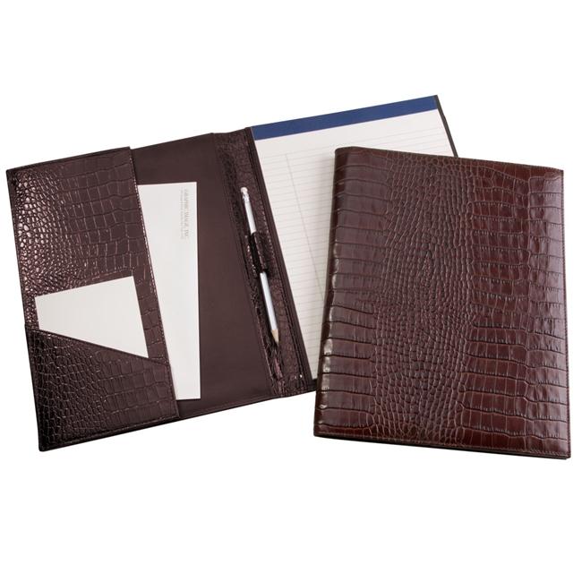 Large Leather Writing Portfolio - Brown Crocodile Leather - Personalized