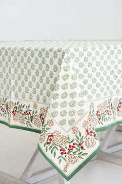 Christmas Garland Block Print Tablecloth - Pomegranate