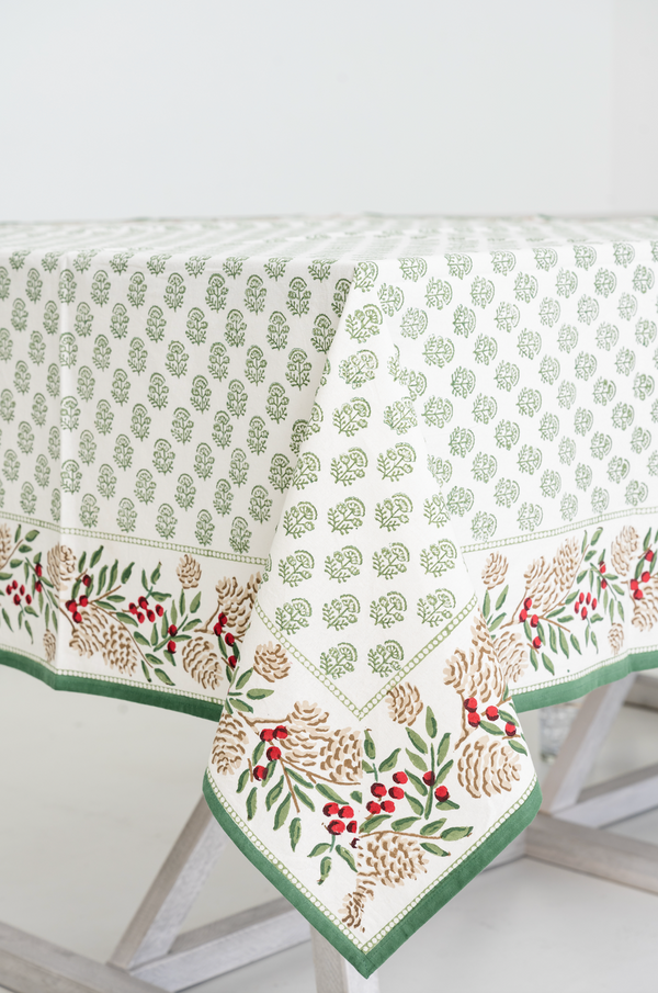 Christmas Garland Block Print Tablecloth - Pomegranate