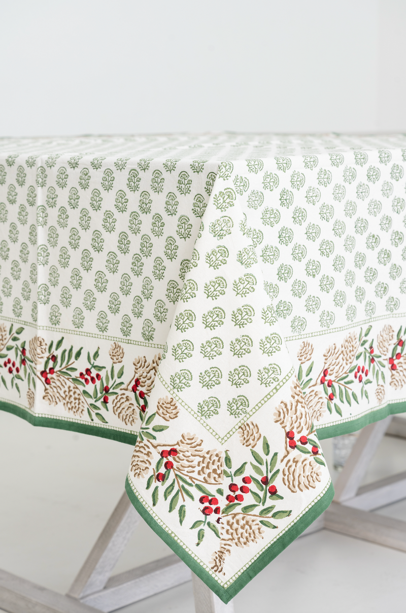 Christmas Garland Block Print Tablecloth - Pomegranate