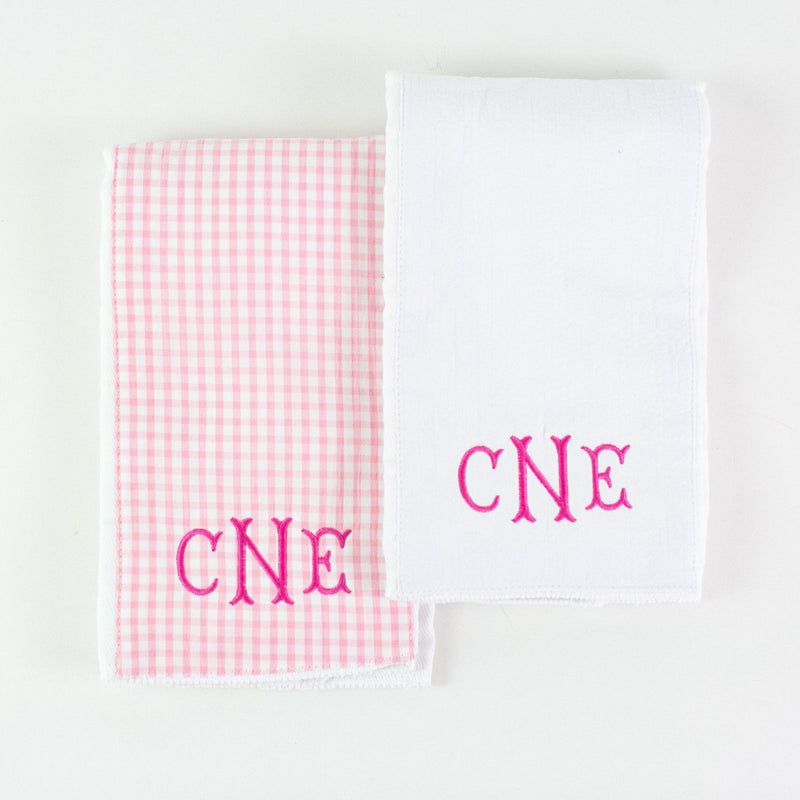 Monogrammed Burp Pad Set - Pink Checked and White