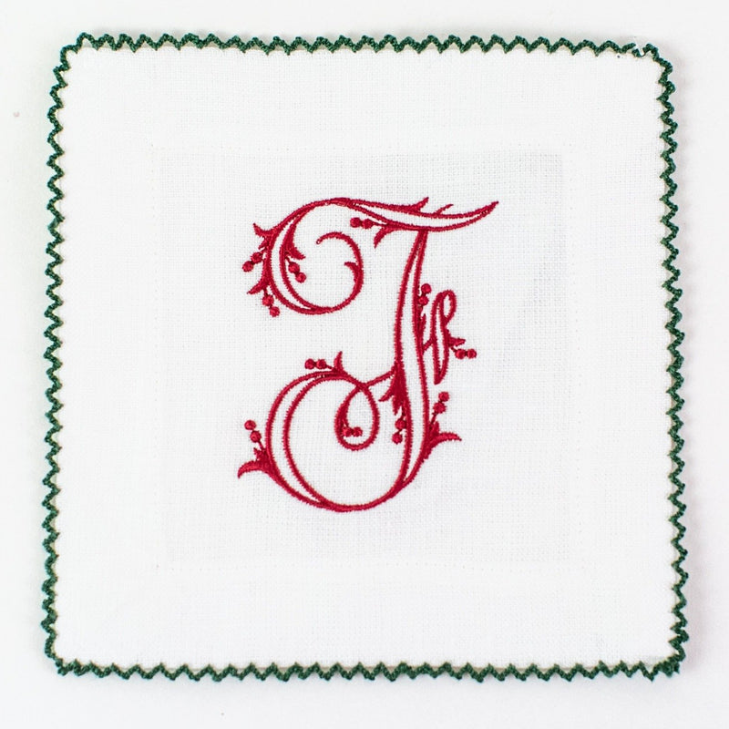 Monogrammed White with Green Ric Rac Linen Cocktail Squares
