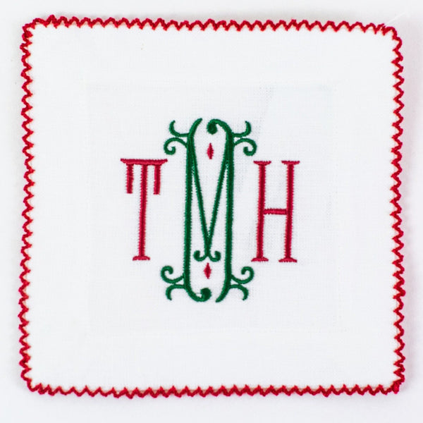 Monogrammed White with Red Ric Rac Linen Cocktail Squares