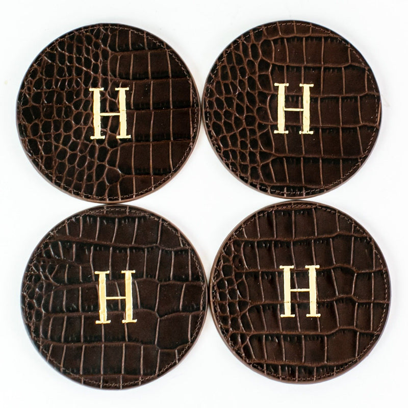 Italian embossed crocodile leather coasters - brown - personalized