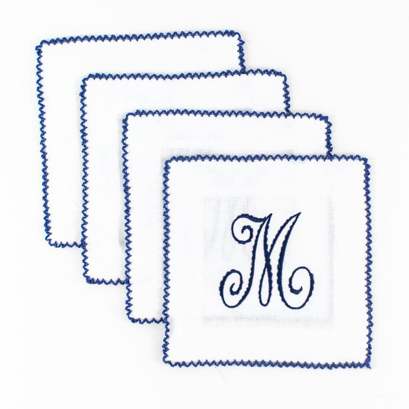 Monogrammed White with Blue Ric Rac Linen Cocktail Squares