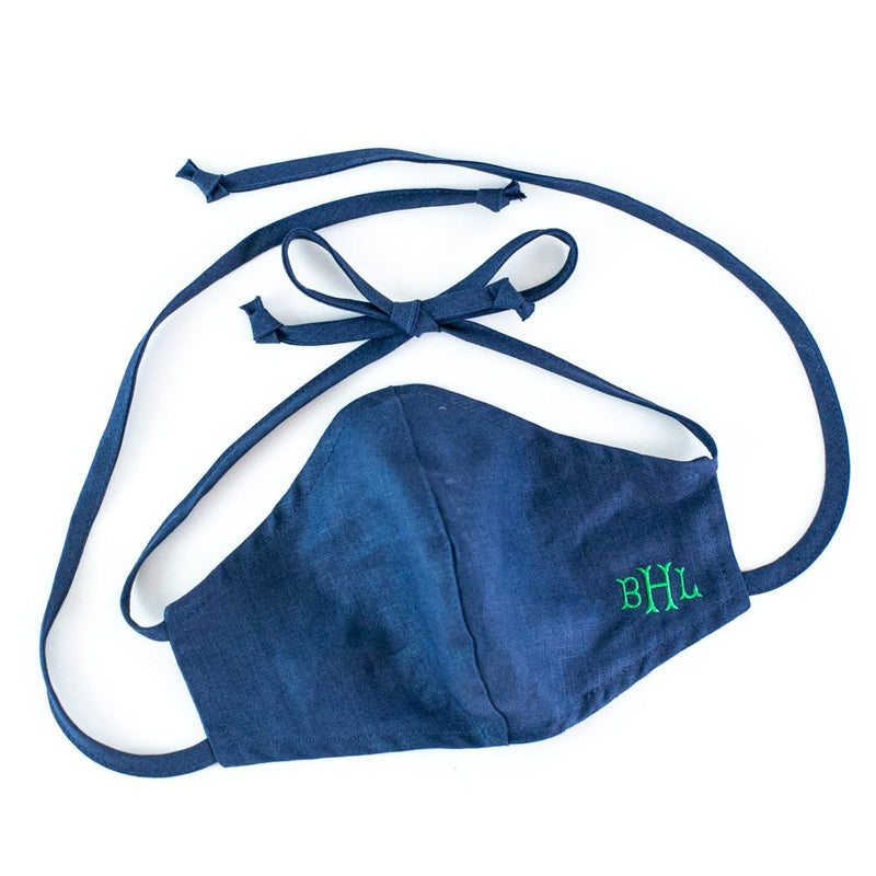 Linen Face Mask, Adult, Ties, Double Layer, Navy, Monogrammed