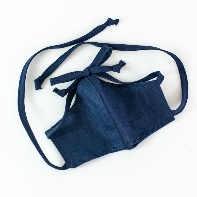 Child's Linen Face Mask with Ties - Navy
