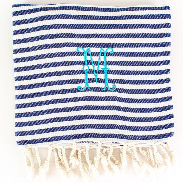 Candy Stripe Turkish Beach Towel - Navy - Monogrammed