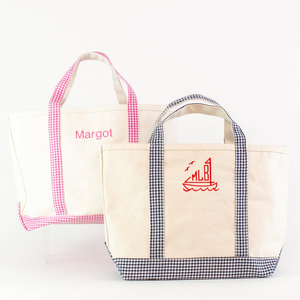Gingham Medium Canvas Boat Tote - Navy and Pink