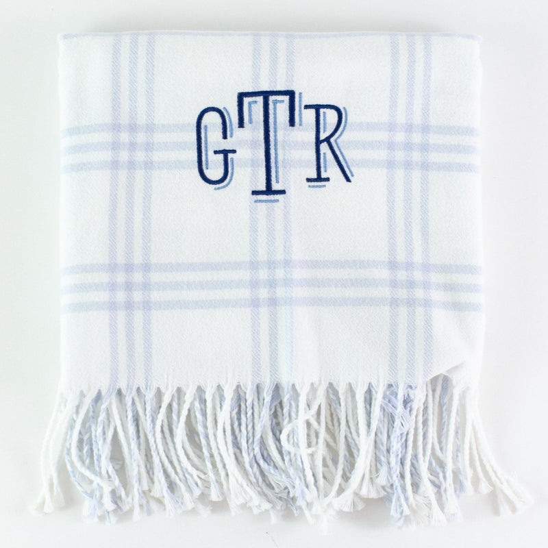 Monogrammed Flannel Check Baby Blanket - White and Blue