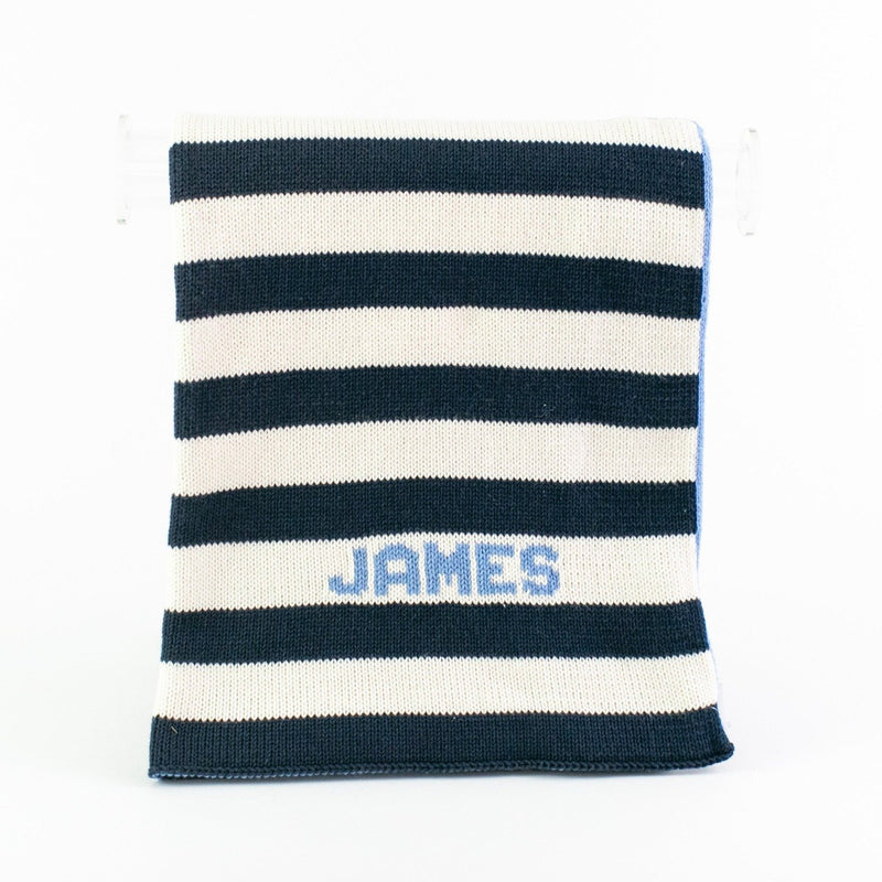 Hand Knit Stripe Blanket - Navy and White - Personalized