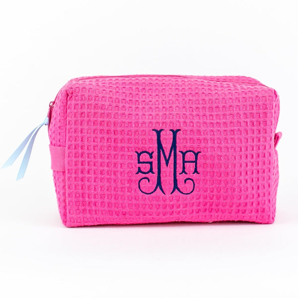 Large Waffle Cosmetic Bag - Monogrammed - Fuschia