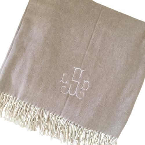 Monogrammed Herringbone Throw Blanket - Dune